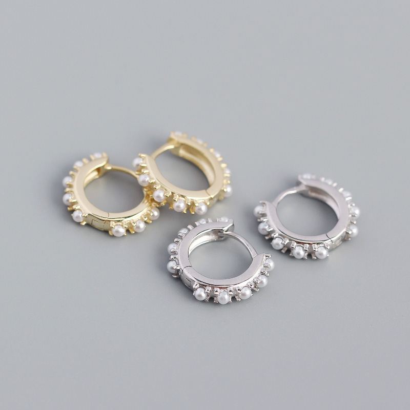 Office Mini Shell Pearls 925 Sterling Silver Huggie Hoop Earrings