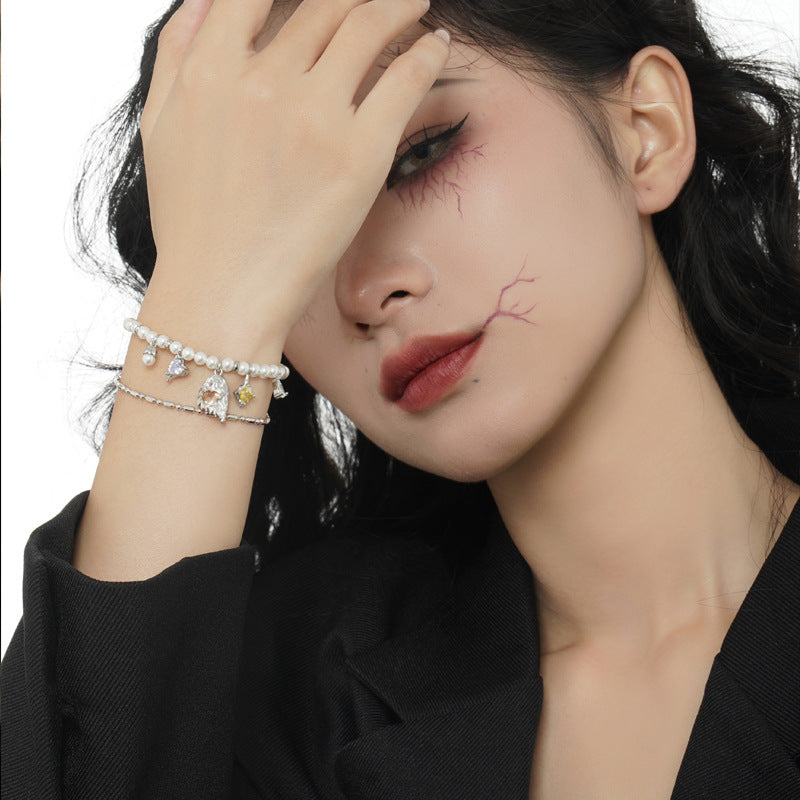 Halloween Colorful CZ Ghost Shell Pearls 925 Sterling Silver Double Layers Bracelet