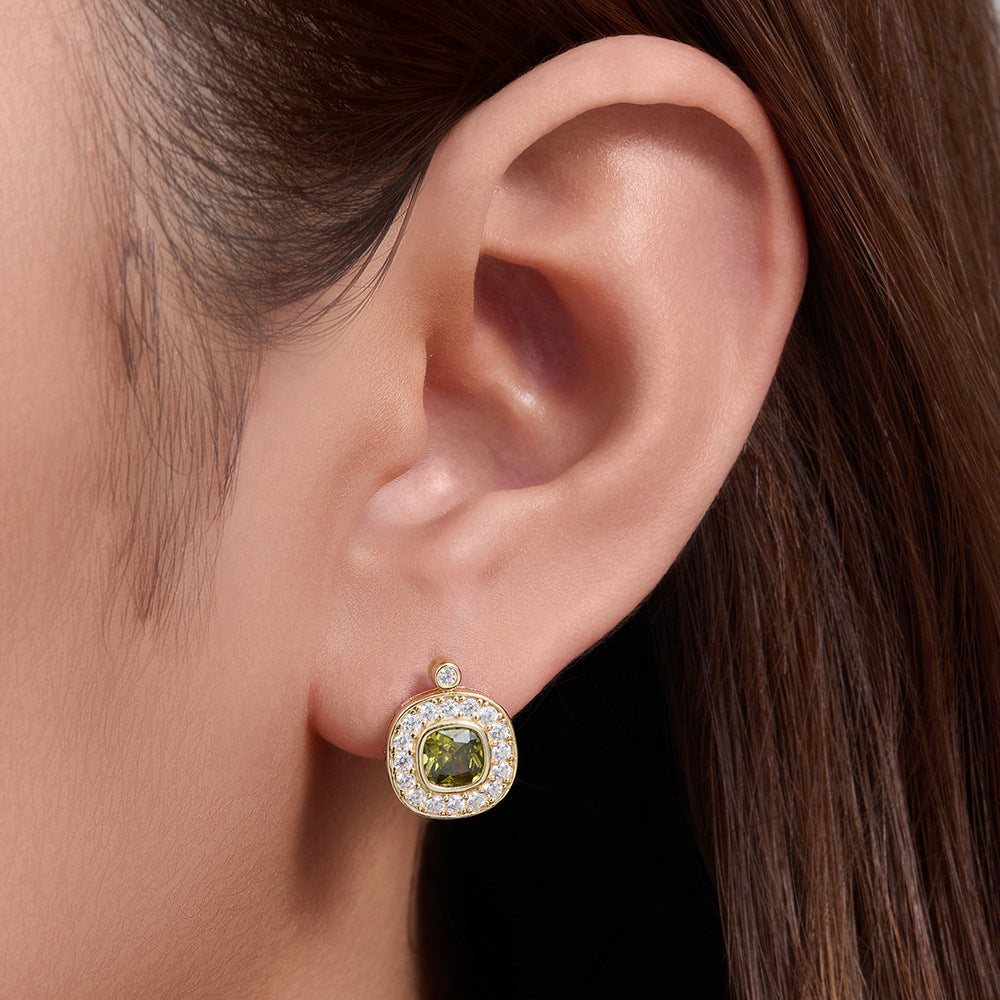 Elegant Geometric Oval Design  925 Sterling Silver Olive Green Cubic Zirconia Stud Earrings