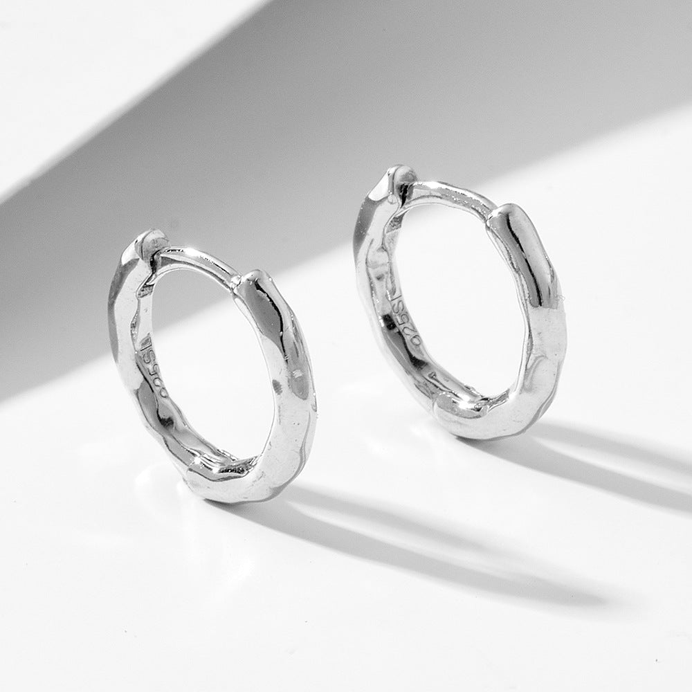 Simple Mini Irregular Face Round Circle 925 Sterling Silver Hoop Earrings