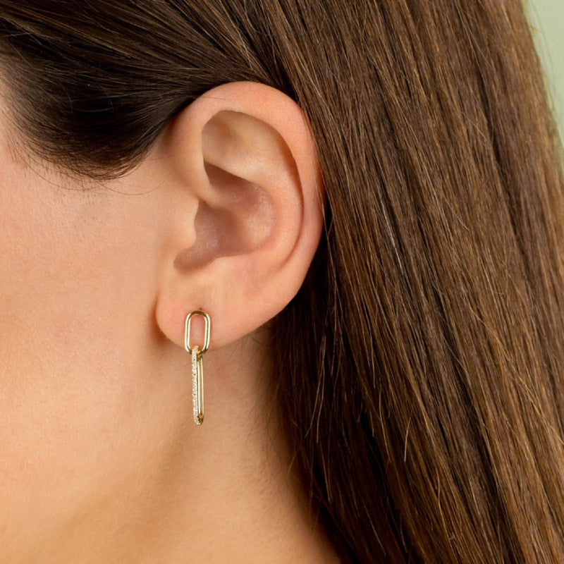 Fashion Commuter Elegant Modern Minimalist Jewelry Geometric Double Oval Link Cubic Zirconia 925 Sterling Silver Drop Stud Earrings