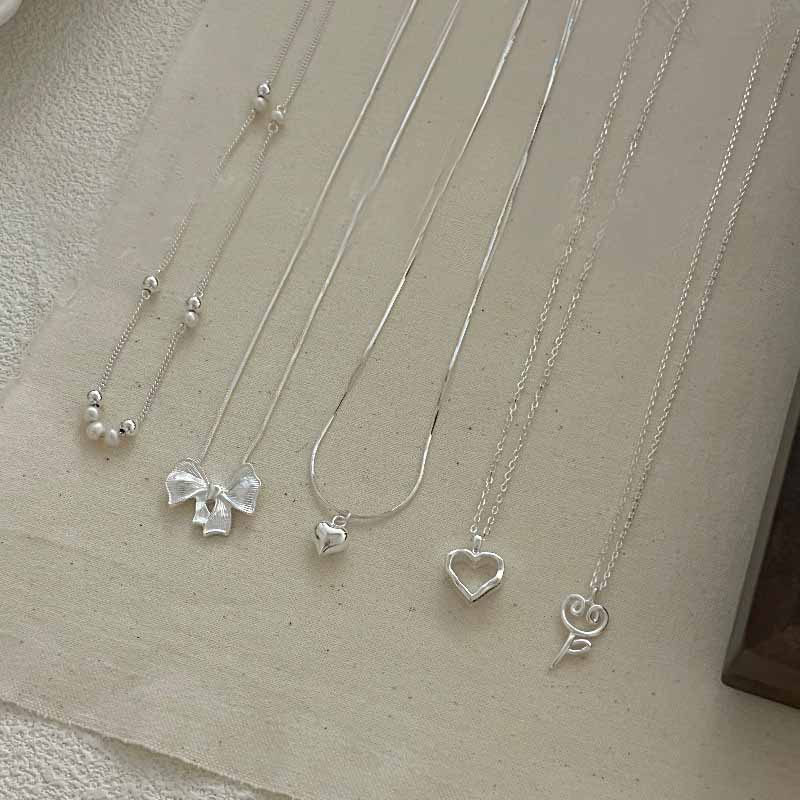 Girl Simple Bow-knot Heart Key Shell Pearls 925 Sterling Silver Necklace
