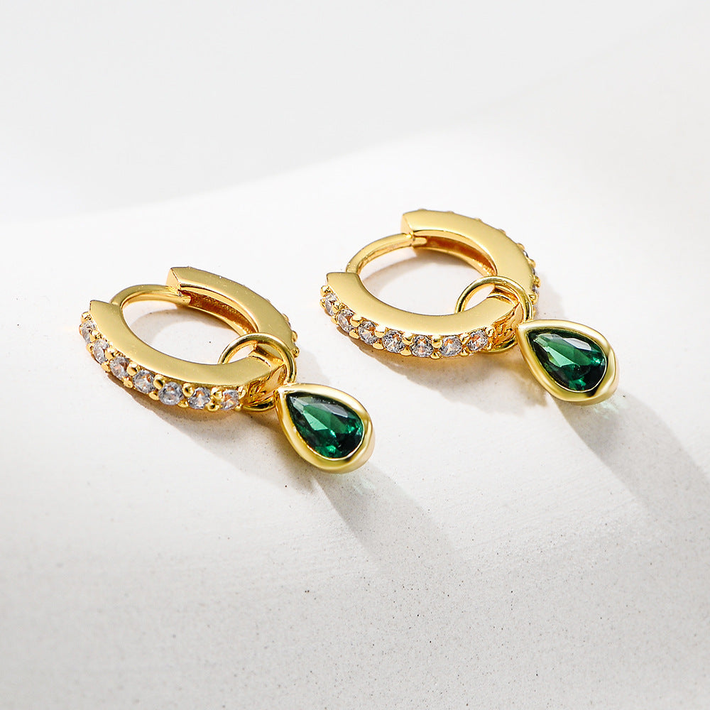 Elegant Fashionable Water Drop Shape Emerald Cubic Zirconia 925 Sterling Silver Dangle Hoop Earrings