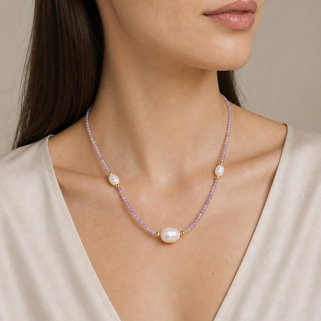 Lavender Faceted Amethyst Multi-Size Baroque Pearl Adjustable Gold Plated 925 Silver Necklace