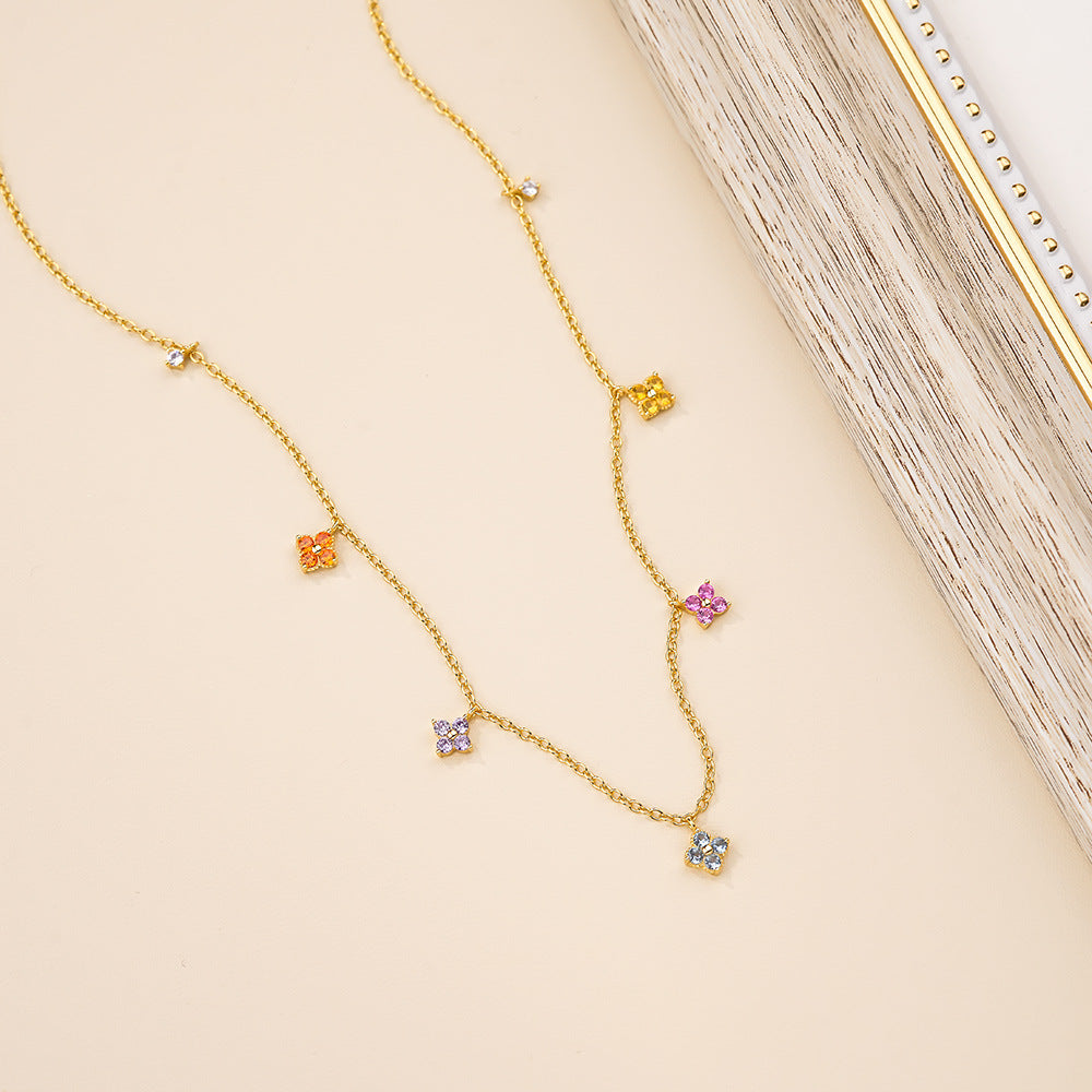Wedding Colorful CZ Four Leaf Clover Flying Butterfly 925 Sterling Silver Necklace Bracelet
