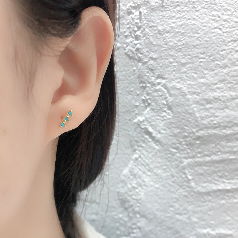 Geometric Three Stone Bar Stud Earrings with Cubic Zirconia and Turquoise in 925 Sterling Silver Stud Earrings