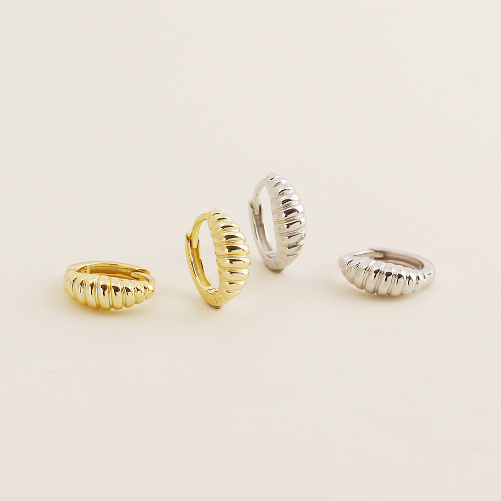 Striped Cheek Style Croissant Shaped 925 Sterling Silver Huggie Hoop Earrings