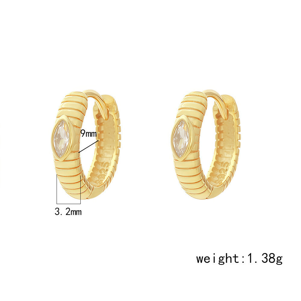 Marquise 925 Sterling Silver Geometric Oval Design Clear Cubic Zirconia Ribbed Huggie Hoop Earrings