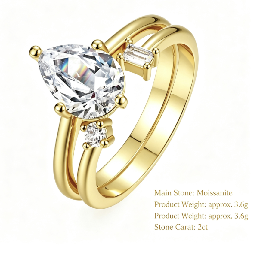 Pear Shape Moissanite Stack  Set 925 Sterling Silver Double Band Ring