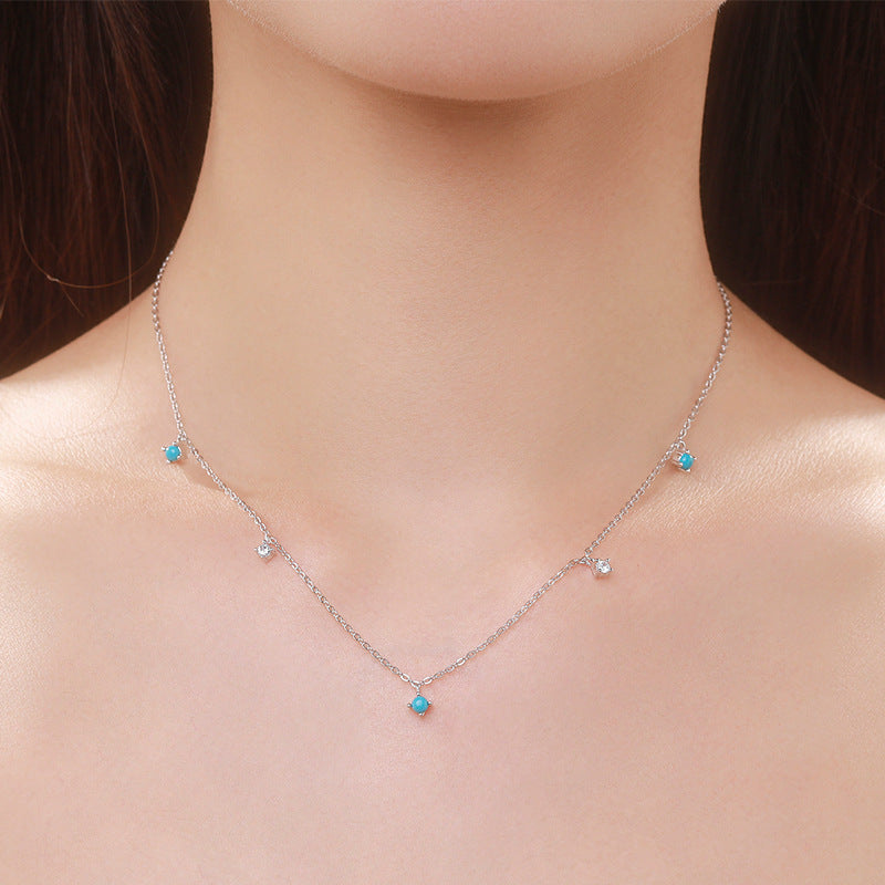 Geometric Pattern Turquoise And Cubic Zirconia 925 Silver Necklace