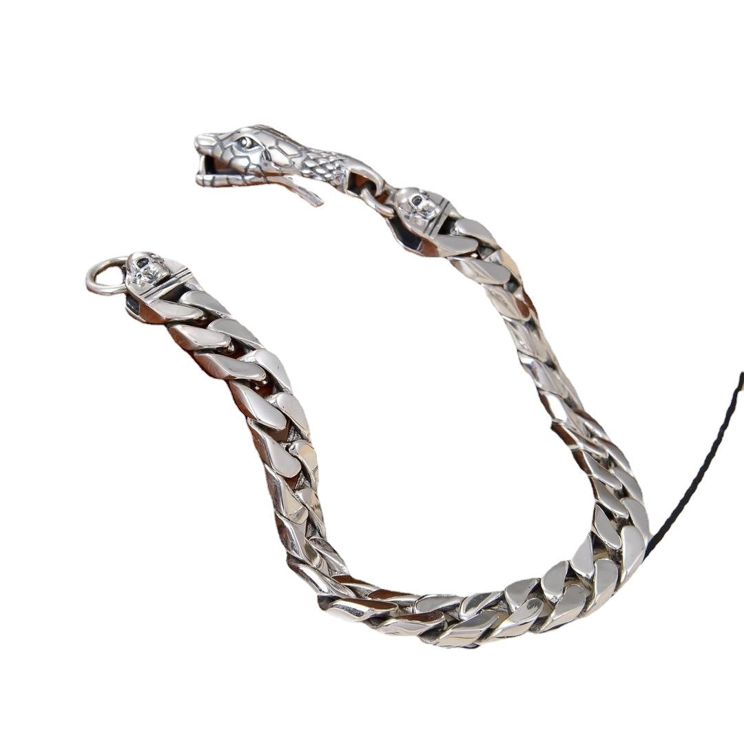 Men's Fashion Snake Head 925 Sterling Silver Curb Chain Bracelet