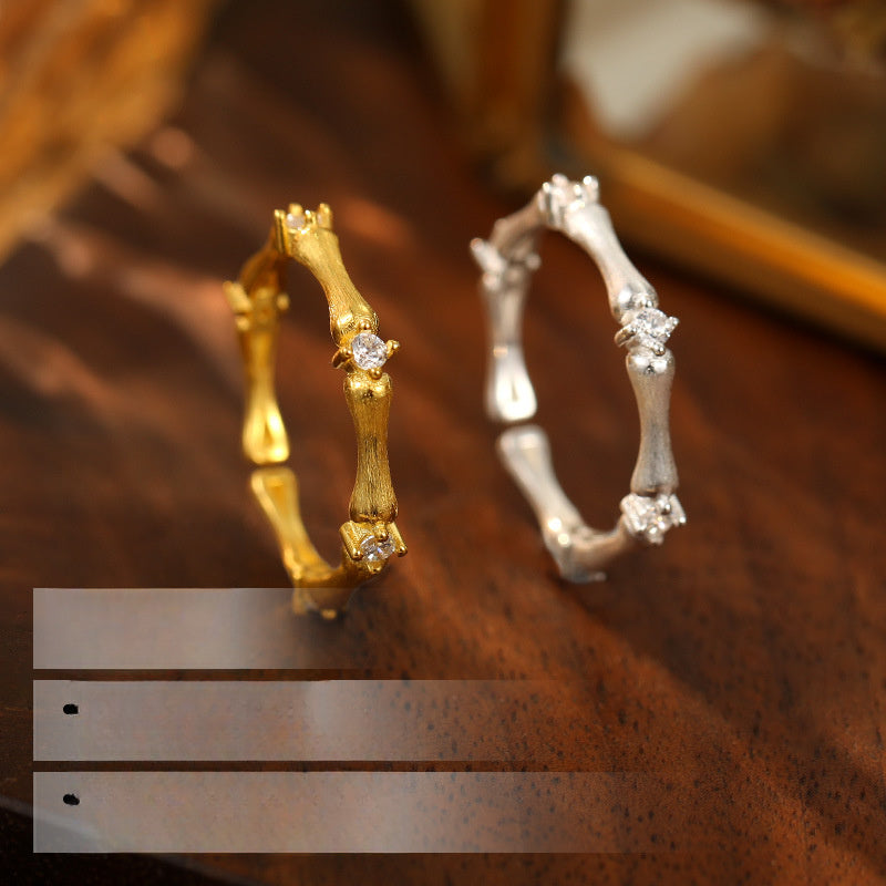 Cubic Zirconia Elegant Vintage Style 925 Sterling Silver Bamboo Design Adjustable Ring