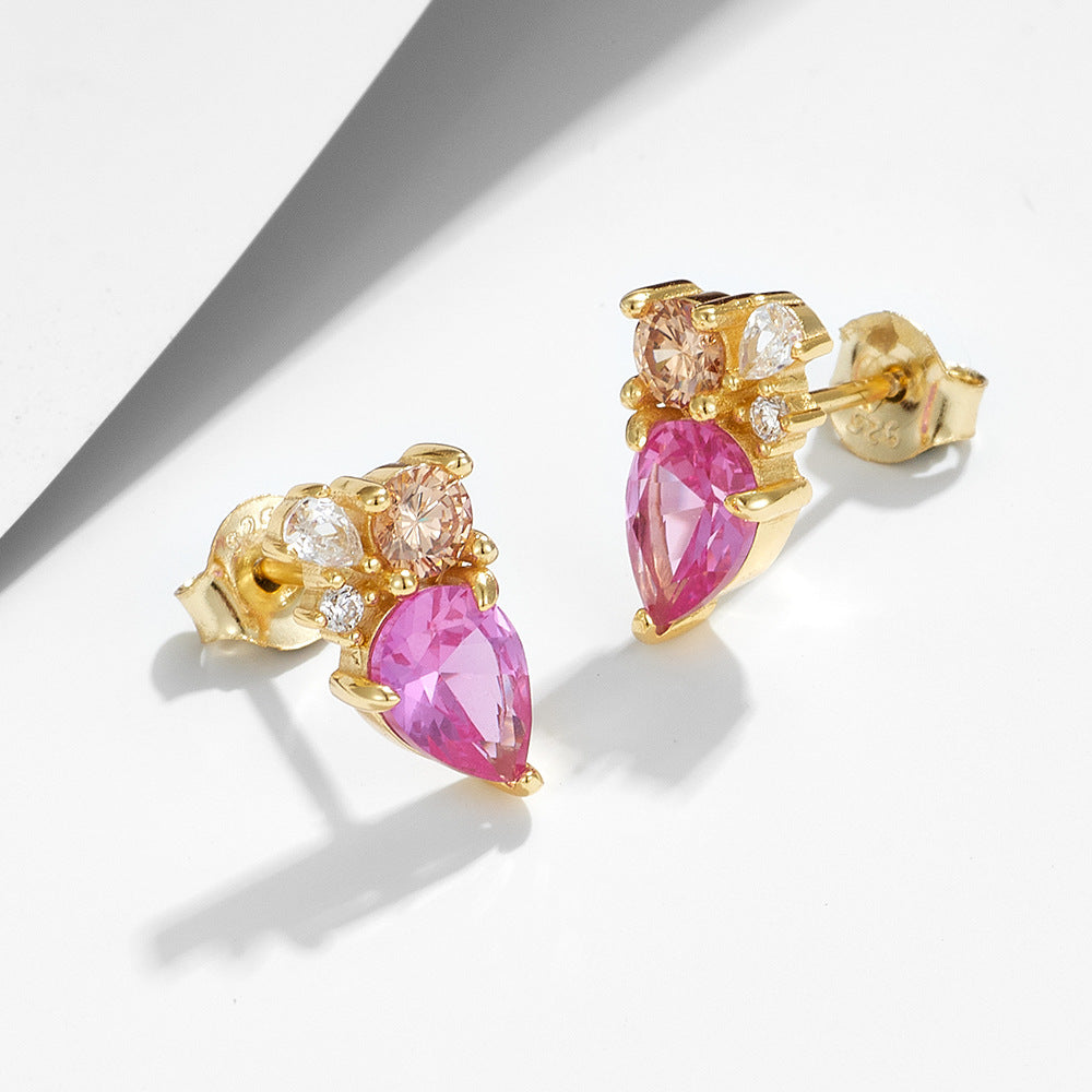 Women Pink Watedrop CZ 925 Sterling Silver Stud Earrings