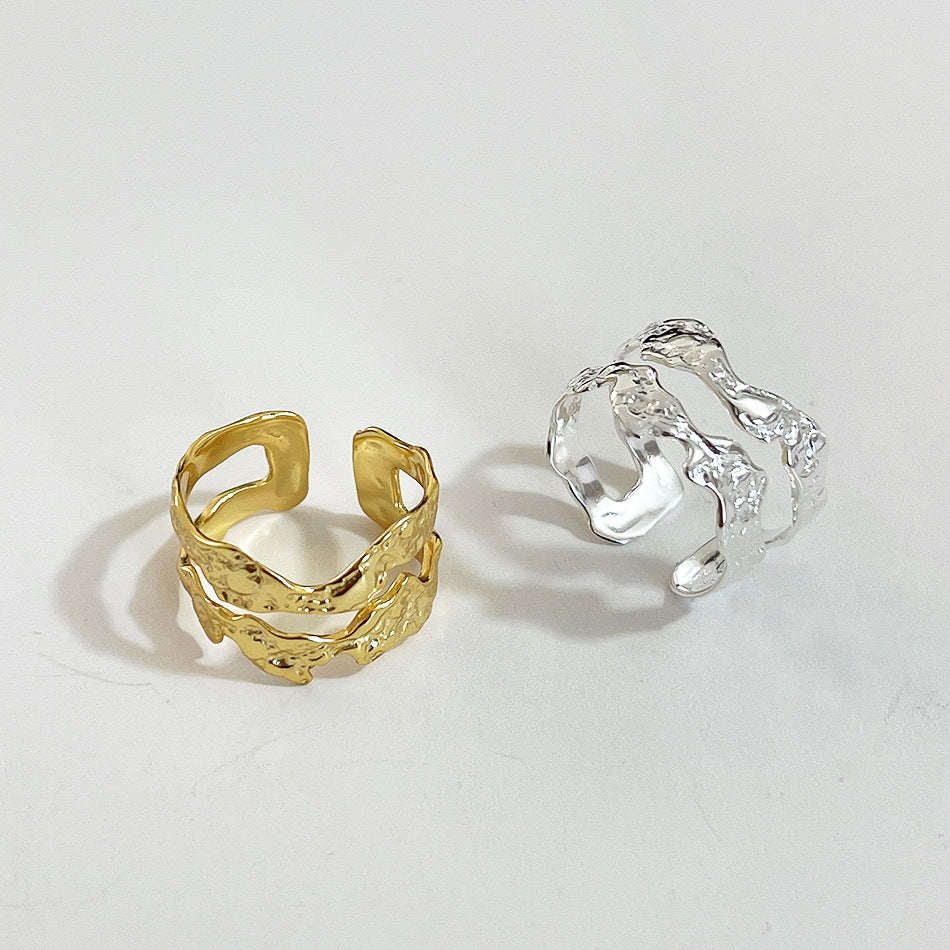 Irregular Double Layer Texture Adjustable Sterling Silver Ring