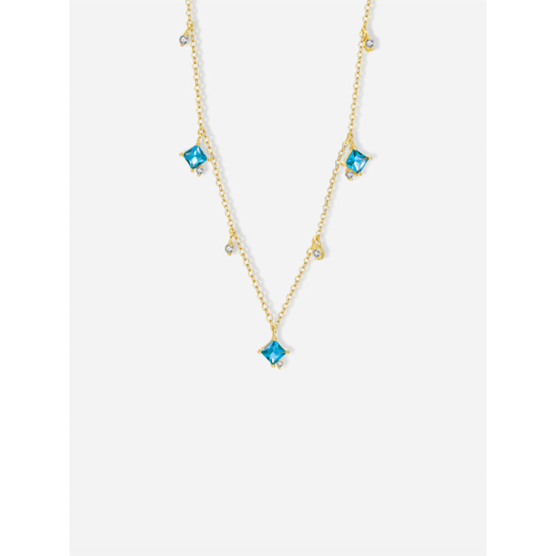 Women Blue Square CZ 925 Sterling Silver Necklace