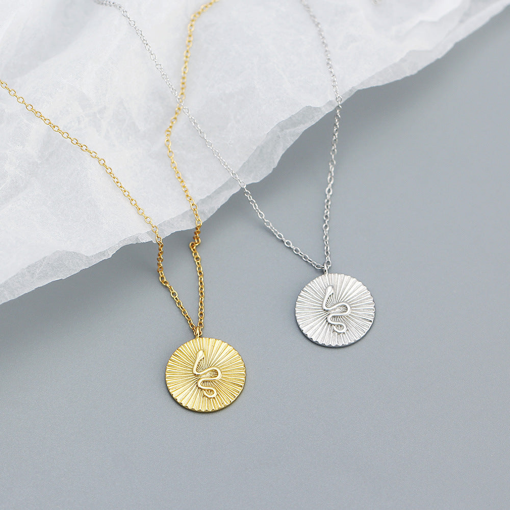 Snake Round Disc 925 Sterling Silver Sunburst Texture Coin Chain Pendant Necklace
