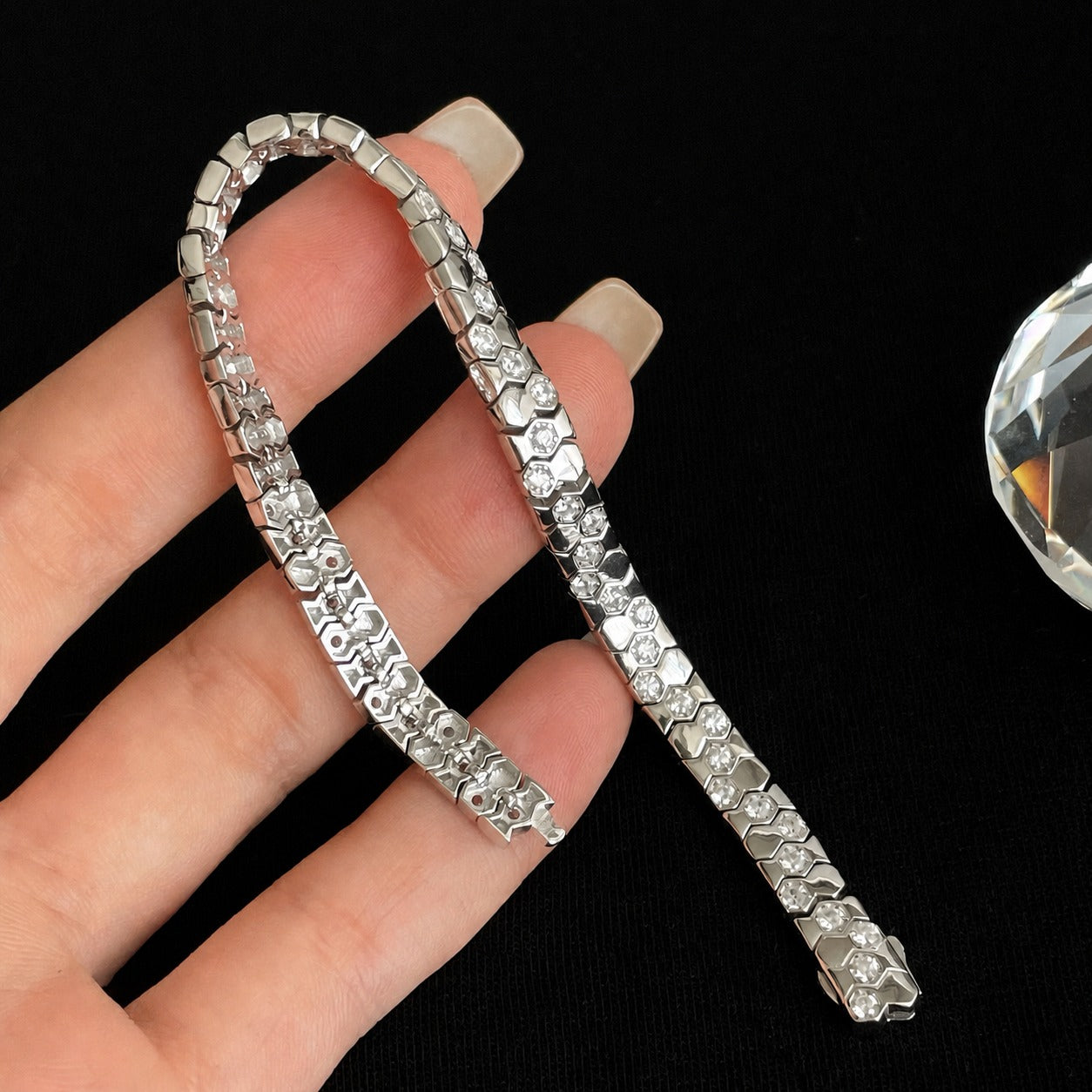 925 Sterling Silver Zirconia Hexagonal Wide Snake Bone Geometric Link Bracelet