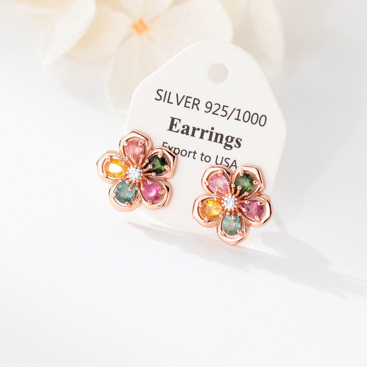 Natural Stone Five Petal Plum Blossom Flower Rose Gold Tone S925 Sterling Silver Stud Earrings