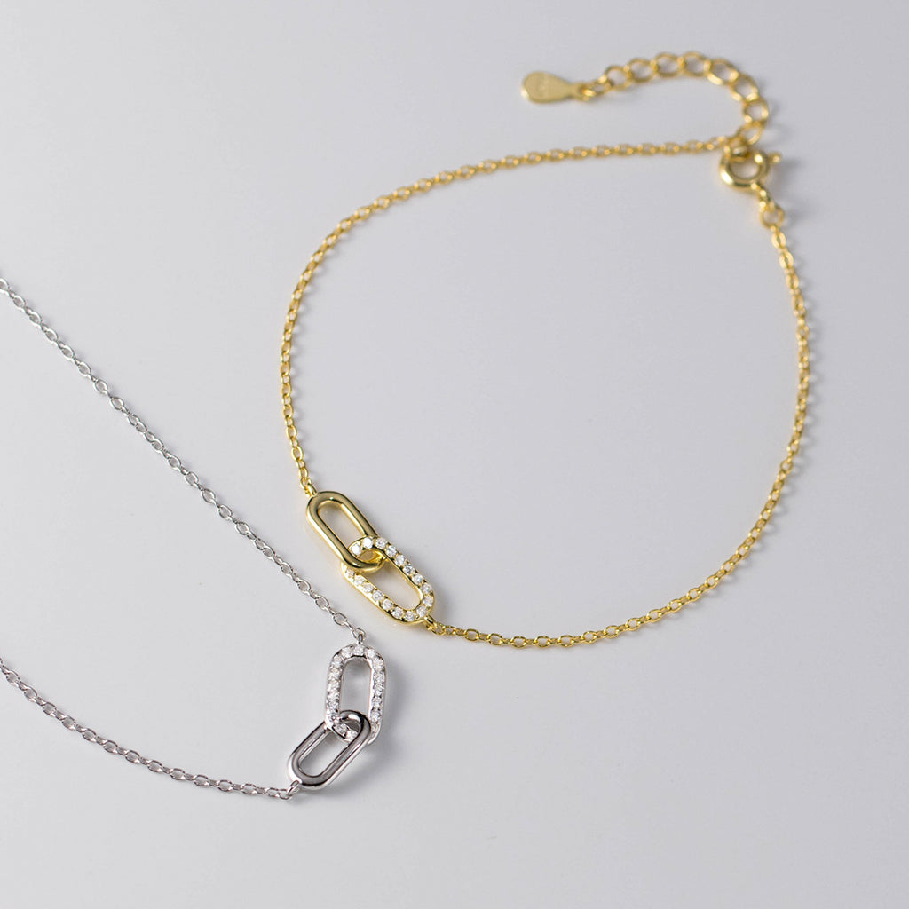 Cubic Zirconia Oval Link Chain Bracelet In 925 Sterling Silver With Silver Or Gold Tone Finish Minimalist Interlocking Paperclip Style Adjustable Daily Wear Fashion Jewelry For Women
