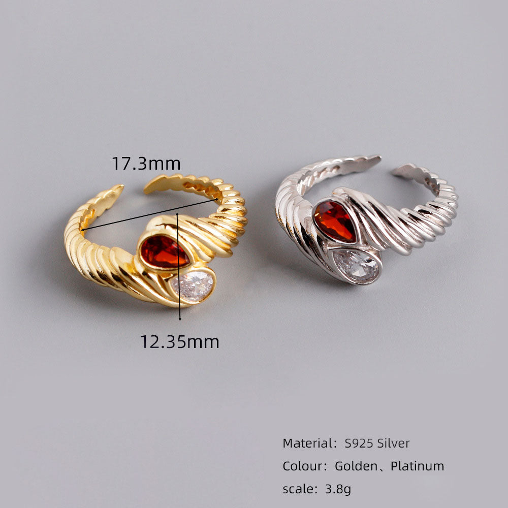 Fashion Twisted Pattern Red White Waterdrop CZ 925 Sterling Silver Adjustable Ring
