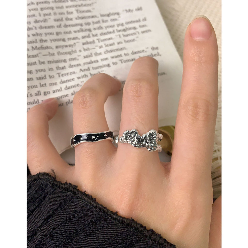 Geometric Design S925 Sterling Silver Starry Night Black Enamel Open Adjustable Ring