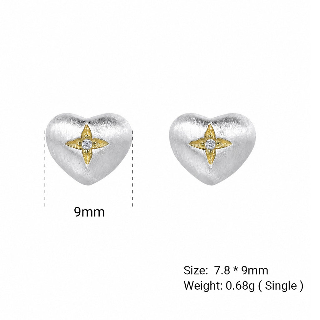 Brushed Heart-Shaped Zirconia Two Tone 925 Sterling Silver Gold-Plated Star Patterned Heart Stud Earrings