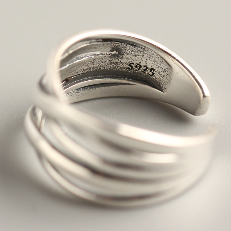 Women Modern Minimalist Fashion Jewelry Multi Layer Crisscross Wrapped LineSolid 925 Sterling Silver Adjustable Open Band Ring