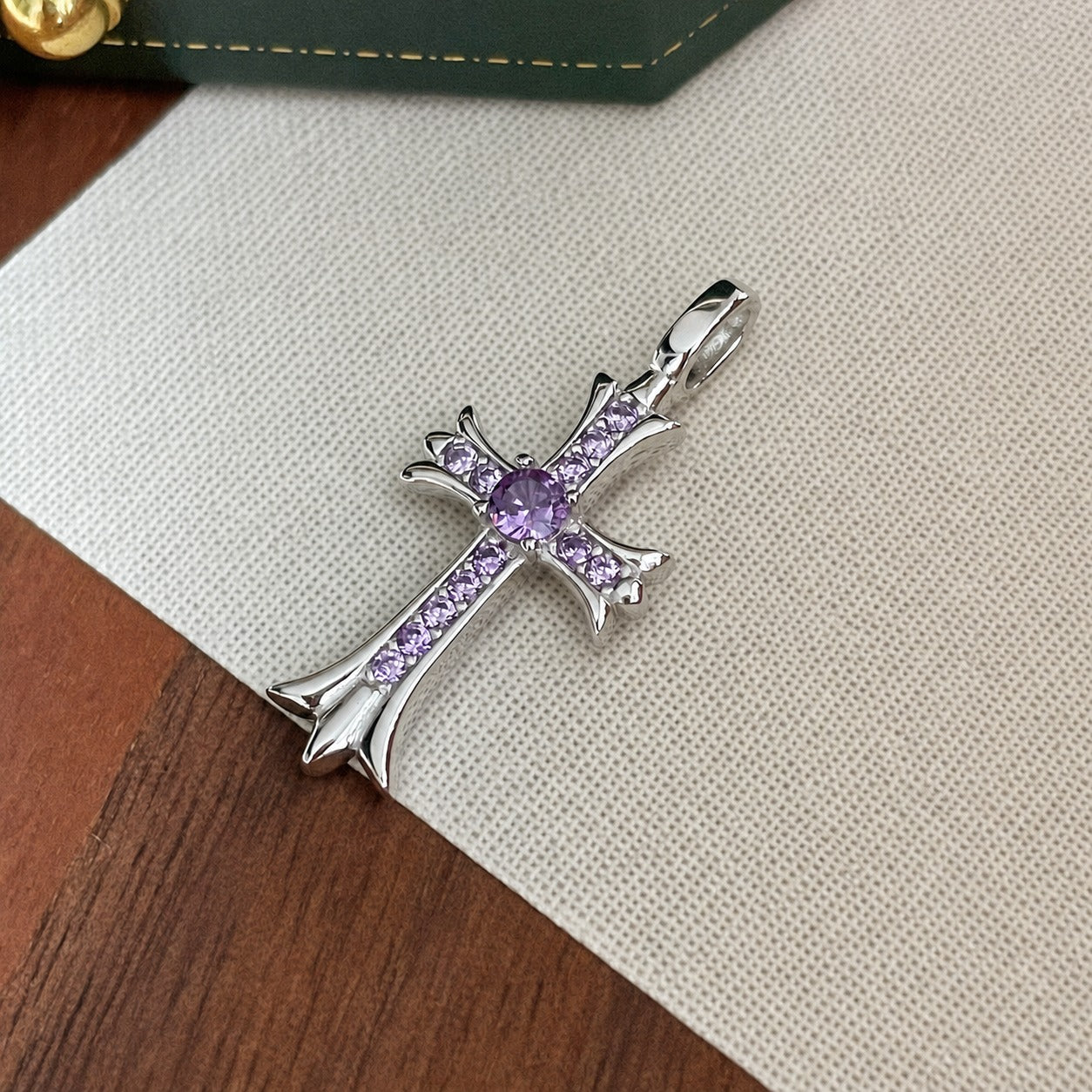 925 Sterling Silver Geometric Vintage Religious Cross Pendant Necklace with Purple or White Round Gemstone Accents