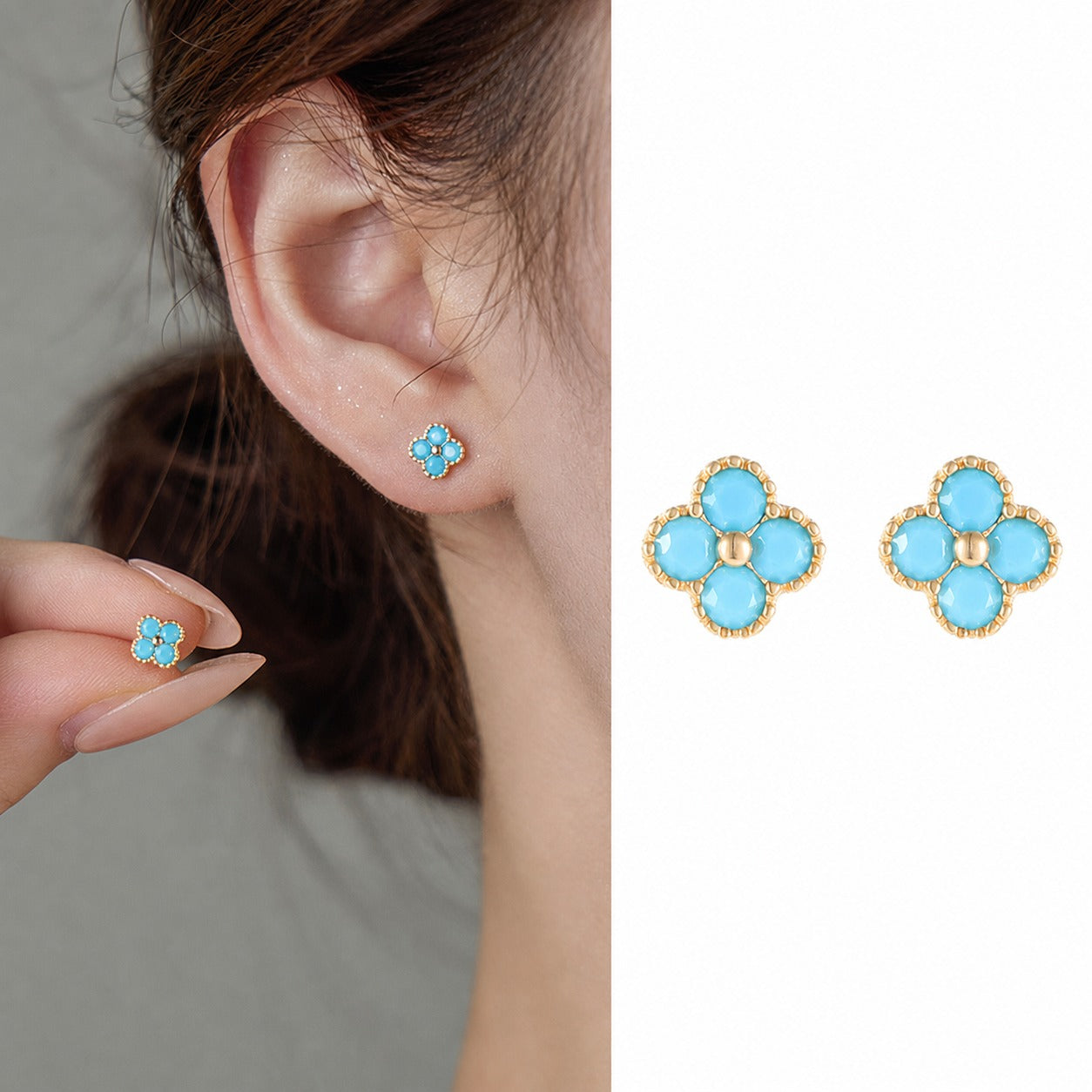 Retro Four Leaf Clover Shaped Turquoise 925 Silver Earring