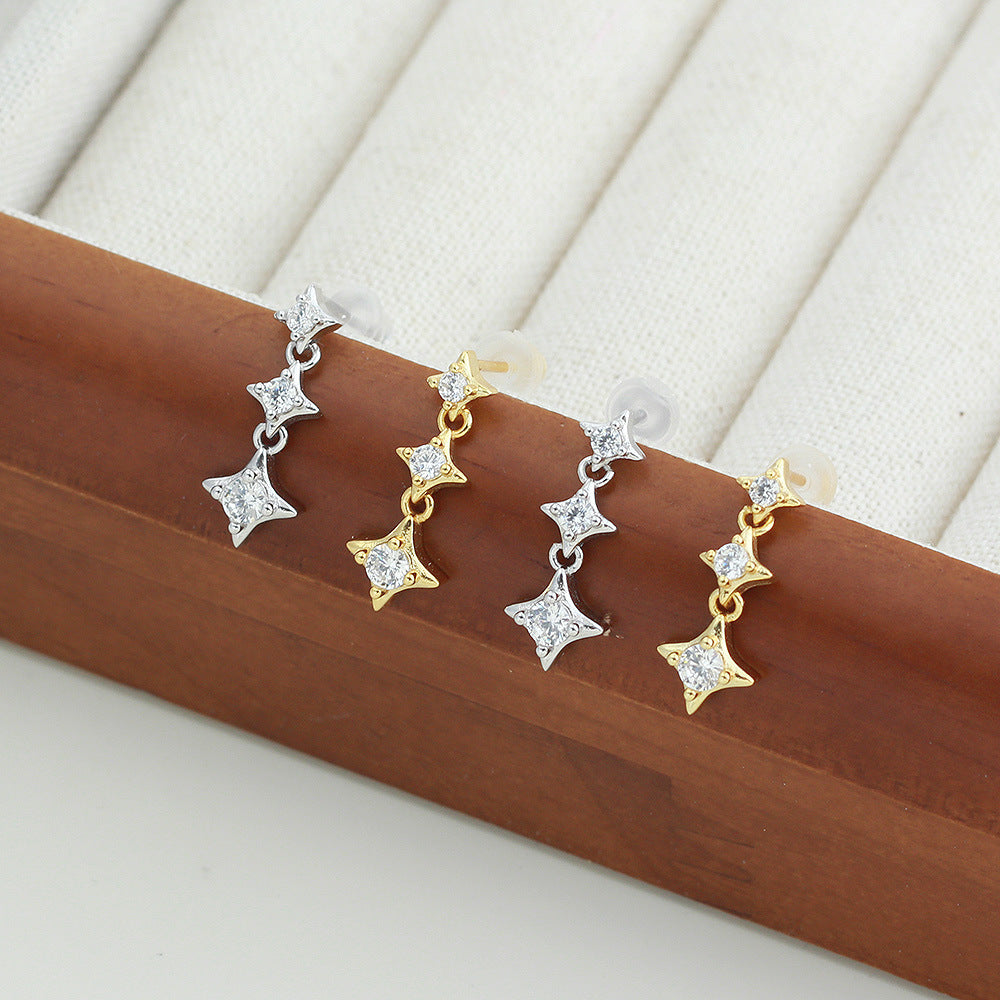 Elegant Geometric Triple Four Point Star Cubic Zirconia S925 Silver Drop Earrings