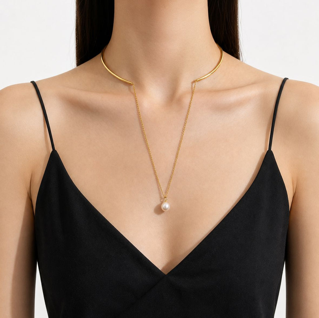925 Sterling Silver Multi Wear Layered Open Choker Elegant Pearl Drop Pendant Collar Necklace