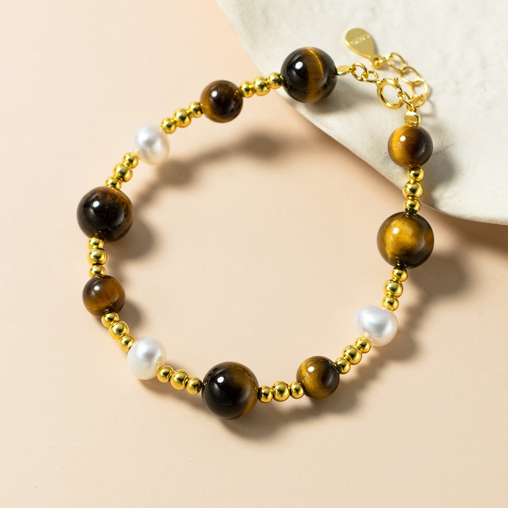 Tiger Eye Stone And Pearl Beaded S925 Silver Round Bead Chain Bracelet