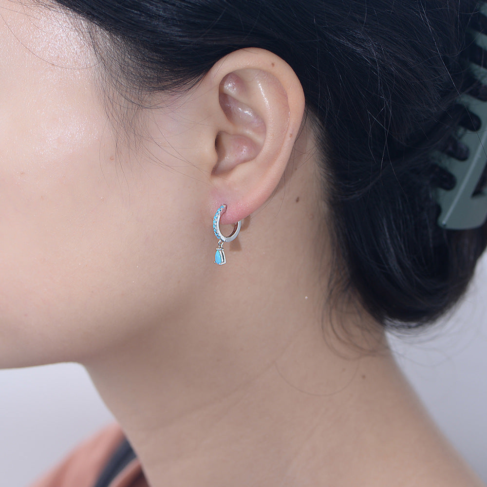 Women Fashion Style Party Anniversary Gift Elegant Turquoise Water Drop 925 Sterling Silver Hoop Earrings