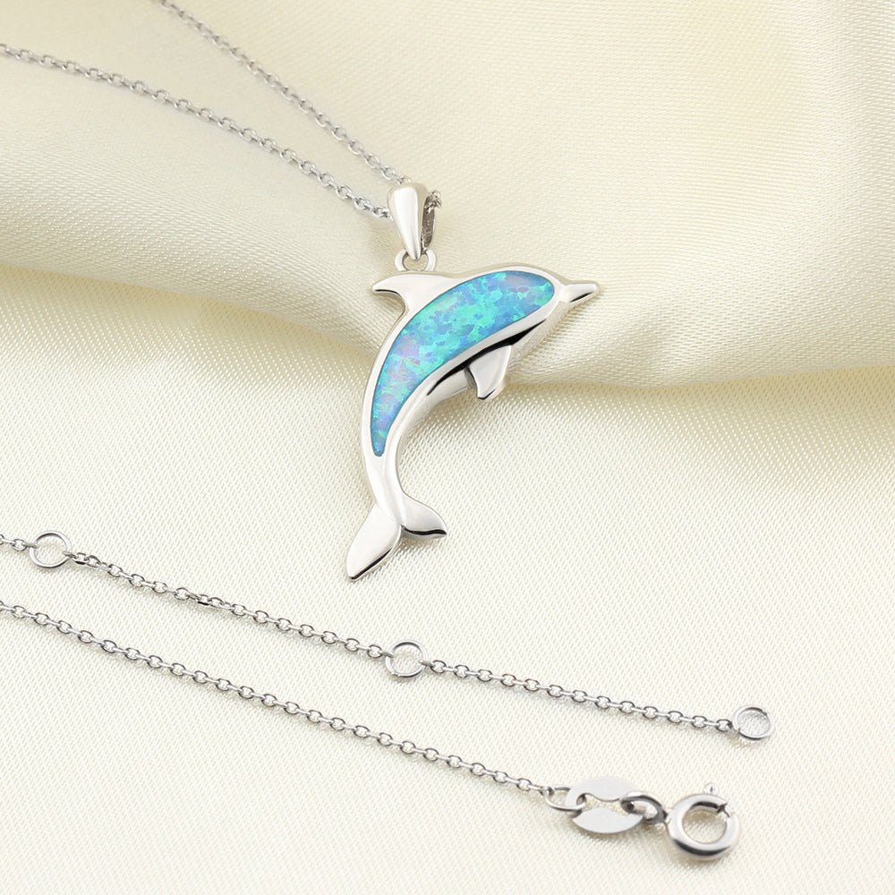 Blue Opal Dolphin Pendant on a 925 Sterling Silver Necklace