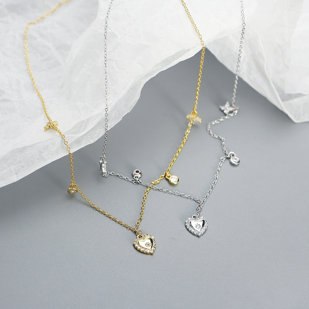 Cubic Zirconia Heart Pendant Multi Charm Chain Necklace In 925 Sterling Silver  French Collarbone Style Elegant Fashion Jewelry For Women
