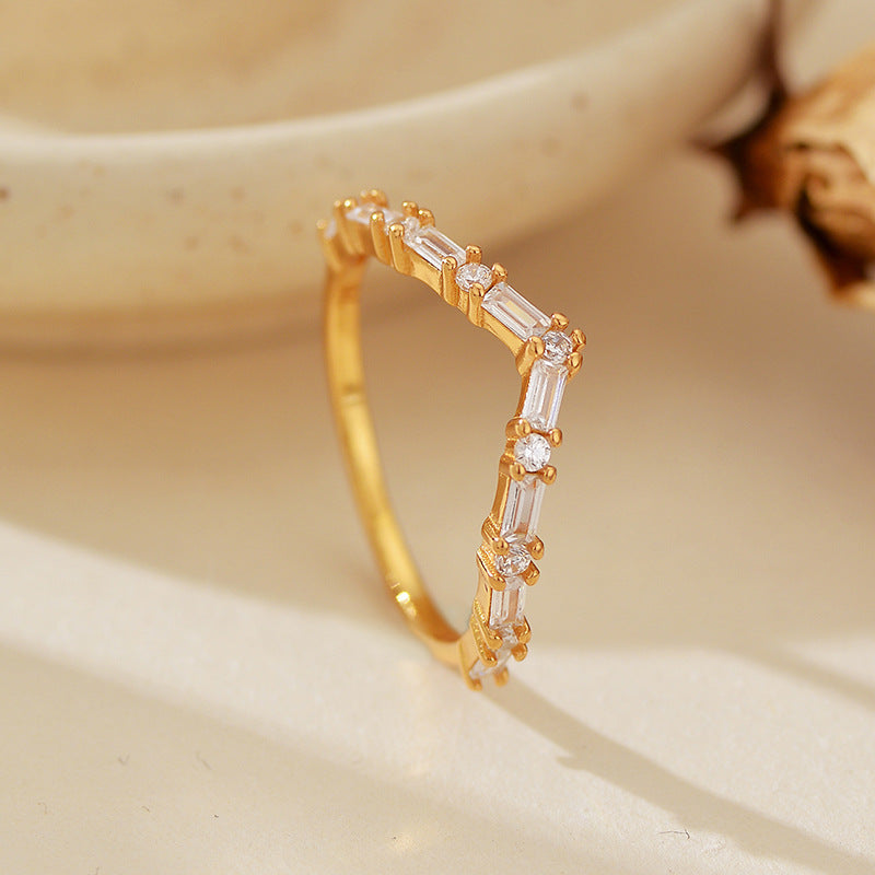 Modern Minimalist Fashion Jewelry Geometric Irregular Cubic Zirconia 925 Sterling Silver Micro Set Baguette Round Clear Stone Ring