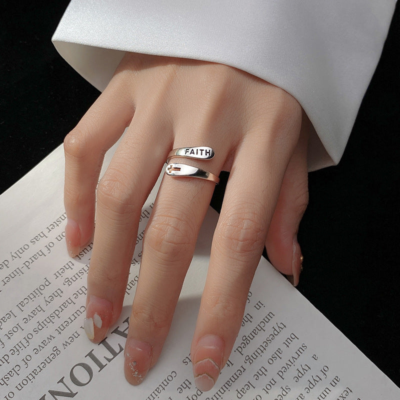 Vintage Faith Letter Cross S925 Sterling Silver Antique Oxide Geometric  Open Adjustable Ring
