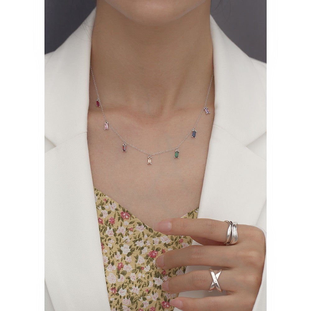 Modern Cubic Zirconia Multicolor Rectangular Baguette Station Chain 925 Sterling Silver Clavicle Necklace
