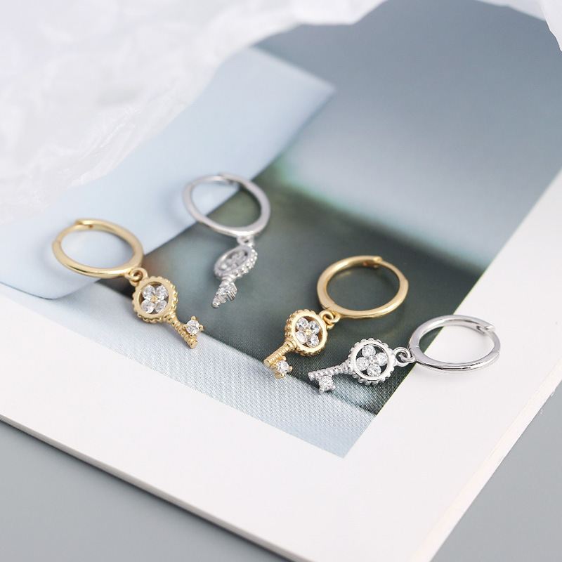 New Four Leaf Clover Key 925 Sterling Silver Hoop Earrings