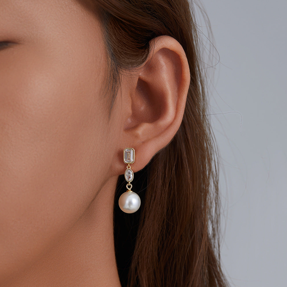 Fashion Jewelry Elegant Geometric Design Pearl   925 Sterling Silver Cubic Zirconia Drop Earrings