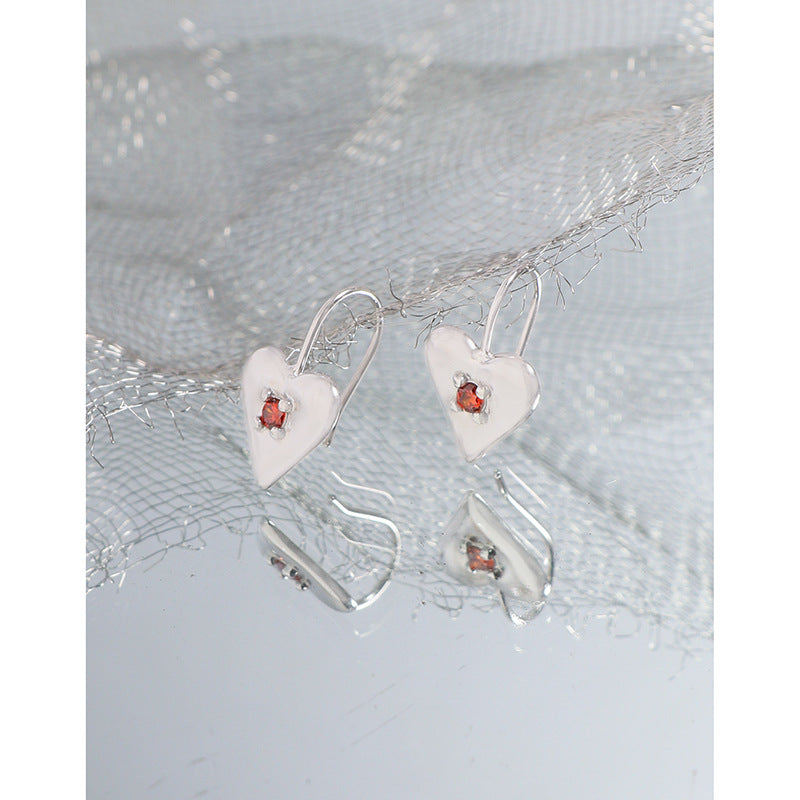 Minimalist Design and Elegant Style Heart Shape Red Cubic Zirconia 925 Sterling Silver Earrings