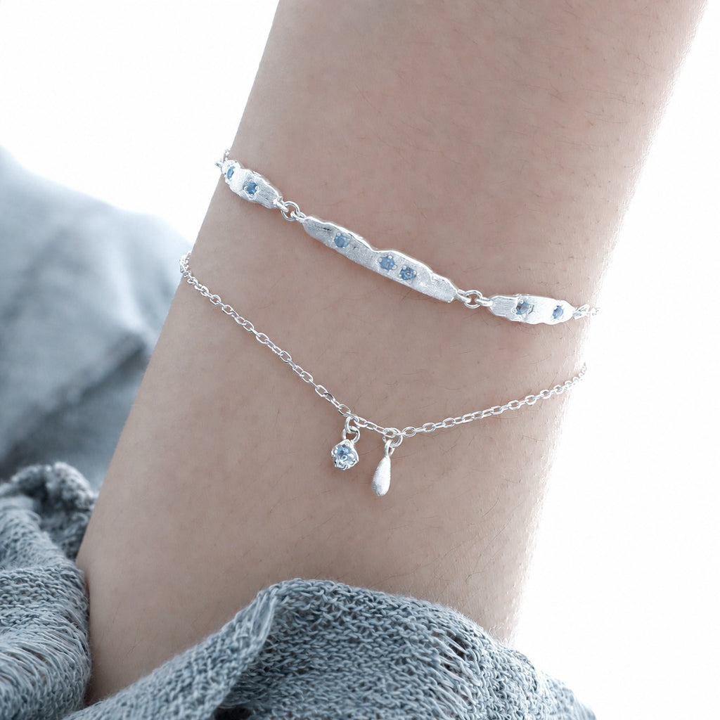 Cubic Zirconia Double Layer Teardrop Pendant with 925 Sterling Silver Brushed Texture Irregular Bar Link Bracelet