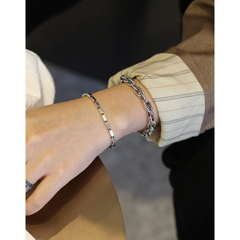 Vintage Silver Geometric Block Link Chain S925 Sterling Silver Adjustable Bracelet