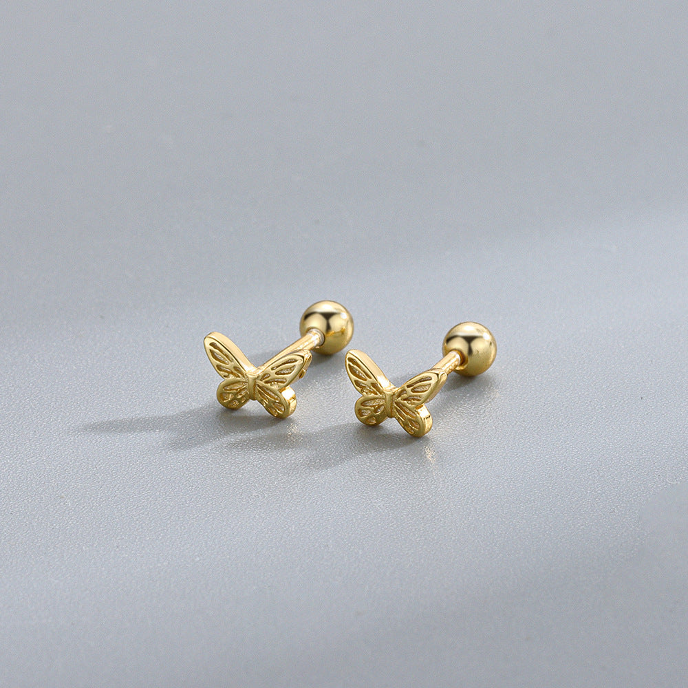 Girl Initial Tiny Butterfly 925 Sterling Silver Screw Stud Earrings