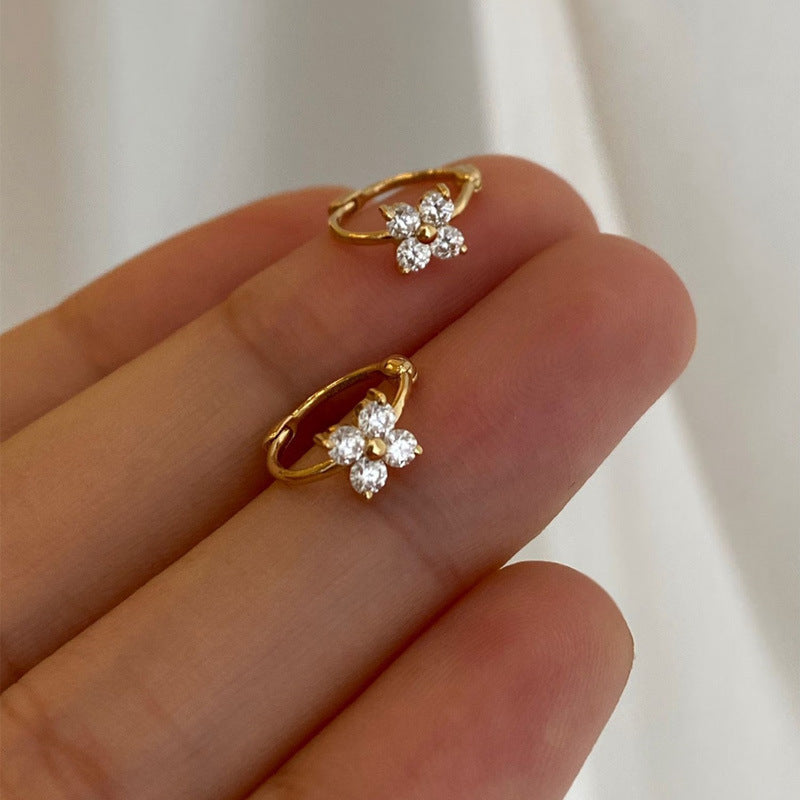 Office Simple CZ Four Leaf Clovers 925 Sterling Silver Hoop Earrings