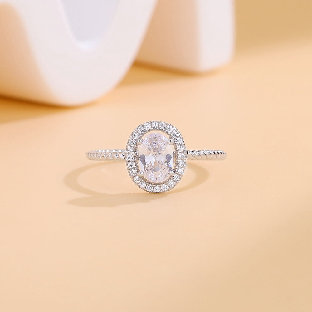Twisted Band Geometric Fashion Women Wedding Oval Halo Cubic Zirconia Moissanite 925 Sterling Silver Ring