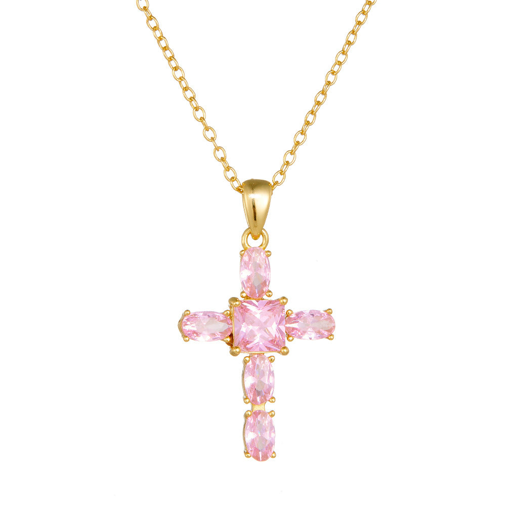 Girl Beautiful Emerald Pink CZ Cross 925 Sterling Silver Necklace