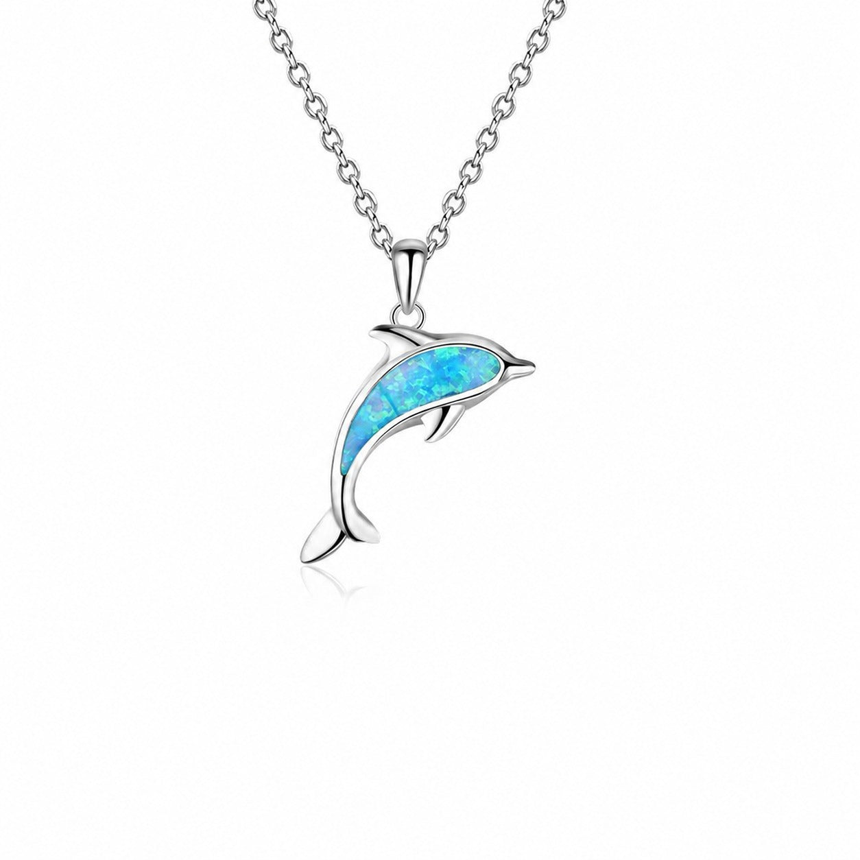Blue Opal Dolphin Pendant on a 925 Sterling Silver Necklace