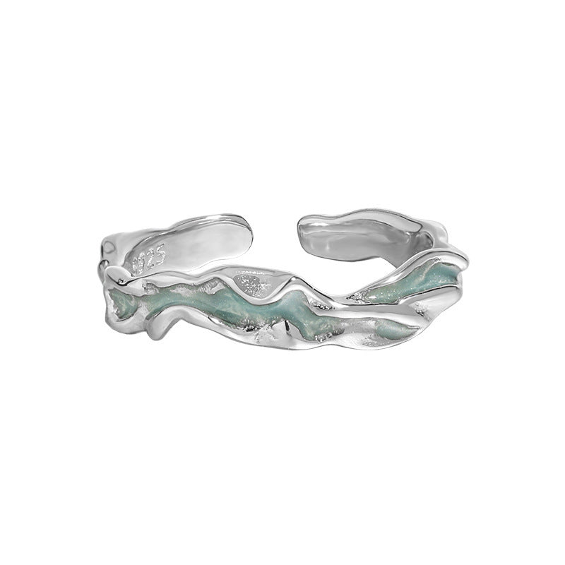 Irregular Wavy Texture Aqua Green Epoxy S925 Sterling Silver Adjustable Open Ring