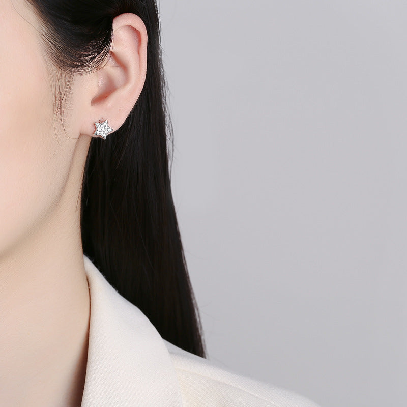 Double Layer Star Shaped Cubic Zirconia 925 Sterling Silver Women's Stud Earrings